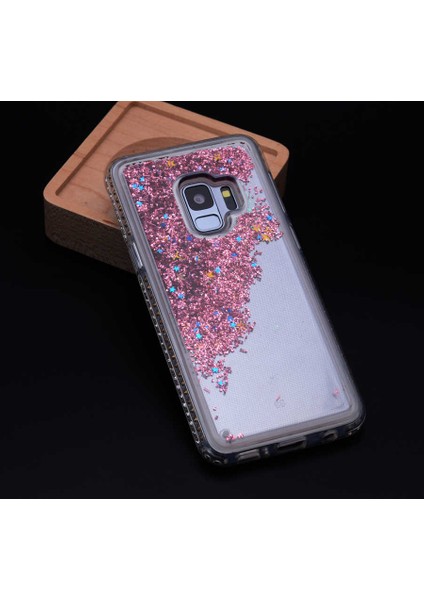 Galaxy S9 Uyumlu Kılıf Özel Tasarım Sıralı Taşlı Sıvılı Simli Silikon Kapak