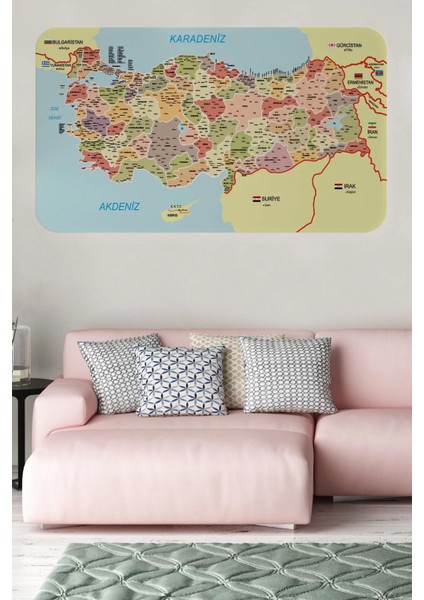 Eğitici ve Öğretici Detaylı Komşulu Türkiye Haritası Duvar STICKER-60X105-3846