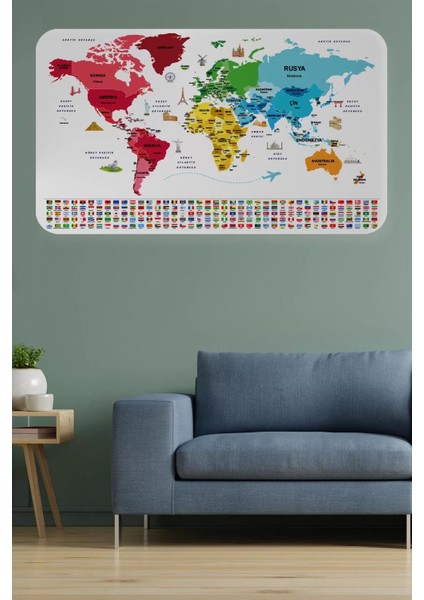 Türkçe Ülke Bayrak Lı Eğitici Başkent Detaylı Atlası Dünya Haritası Duvar STICKER -60X105-3861