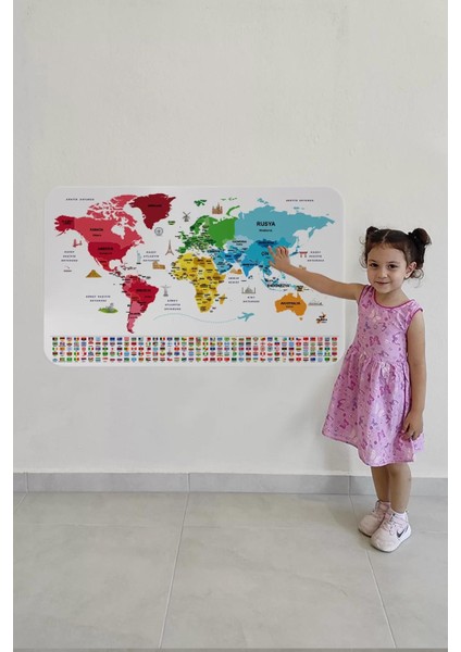Türkçe Ülke Bayrak Lı Eğitici Başkent Detaylı Atlası Dünya Haritası Duvar STICKER -60X105-3861 fırsatları