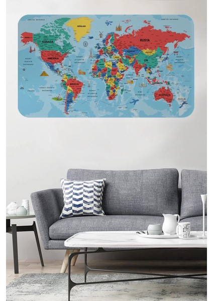 Türkçe Eğitici Ülke ve Başkent Okyanus Detaylı Atlası Dünya Haritası Duvar STICKER -60X105-3863
