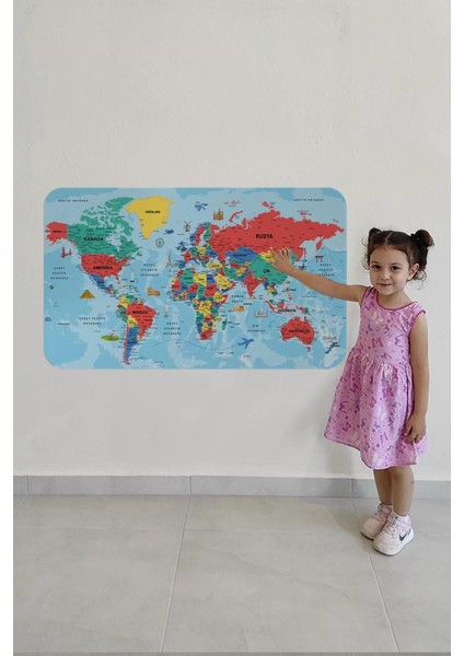 Türkçe Eğitici Ülke ve Başkent Okyanus Detaylı Atlası Dünya Haritası Duvar STICKER -60X105-3863 fırsatları
