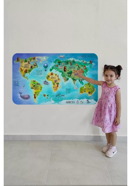 Eğitici Dünya Haritası Dünya Atlası Çocuk ve Bebek Odası Duvar STICKER -60X105-3800