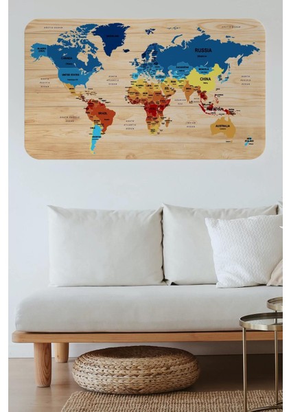 Ahşap Görünümlü Eğitici Detaylı Atlası Dünya Haritası Duvar STICKER -60X105-3856