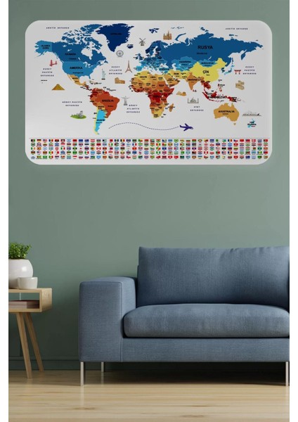 Ülke Bayrak Lı Eğitici Başkent Detaylı Atlası Dünya Haritası Duvar STICKER -60X105-3857