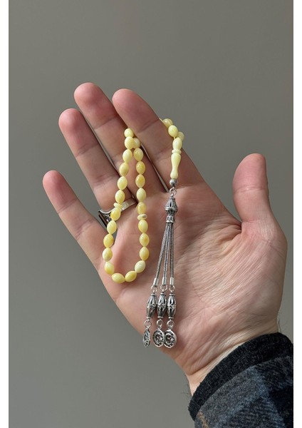 Bilek Boy Arpa Tane Gümüş Püsküllü Damla Kehribar Tesbih