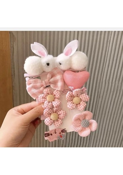 Peluş Tavşanlı 9 Parça Çocuk Çıtçıt Pens Toka Seti