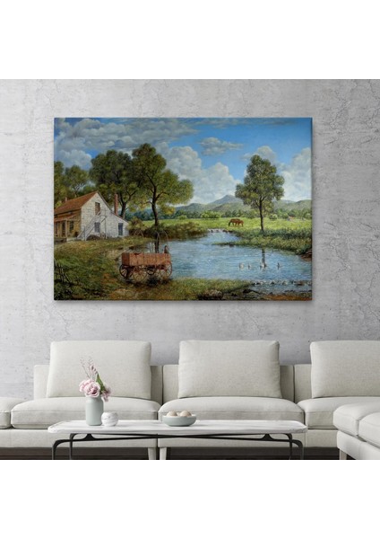 Köy ve Akarsu Manzaralı Dekoratif Kanvas Duvar TABLOSU-3425 fiyatları