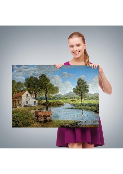 Köy ve Akarsu Manzaralı Dekoratif Kanvas Duvar TABLOSU-3425 fırsatları