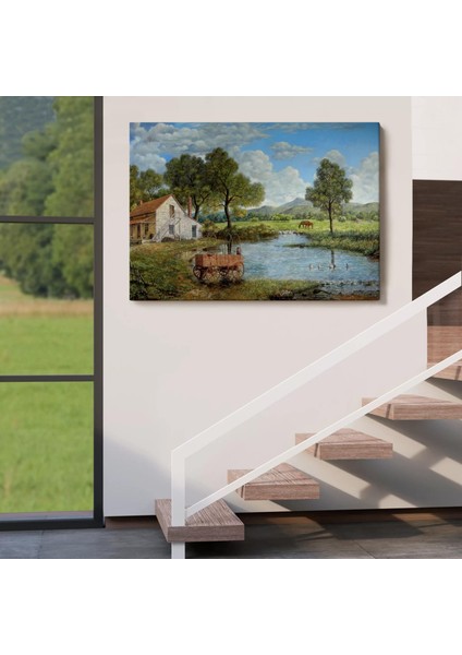 Köy ve Akarsu Manzaralı Dekoratif Kanvas Duvar TABLOSU-3425 indirimleri
