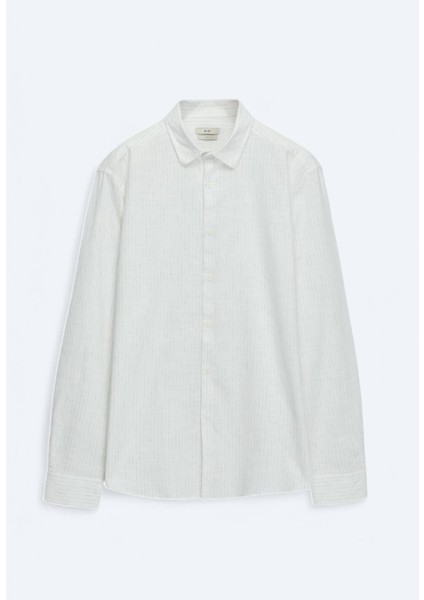 Haki Çizgili Regular Fit Dokuma Casual Pamuk Gömlek