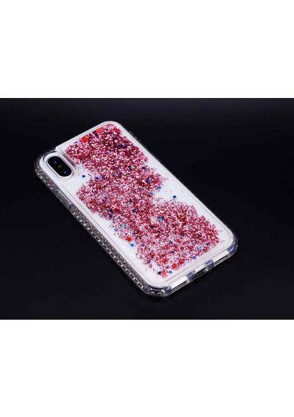 iPhone x - Xs Uyumlu Kılıf Özel Tasarım Sıralı Taşlı Sıvılı Simli Silikon Kapak
