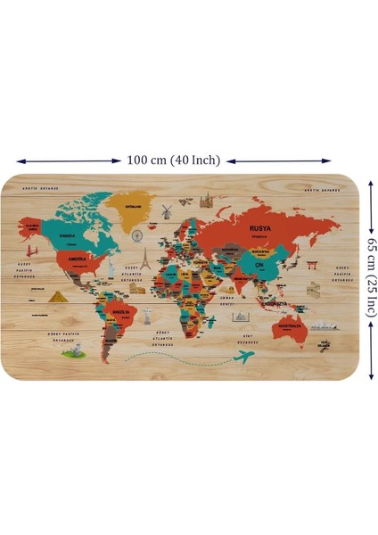 Ahşap Görünümlü Türkçe Eğitici Detaylı Atlası Dünya Haritası Duvar STICKER -60X105-3867 fiyatları