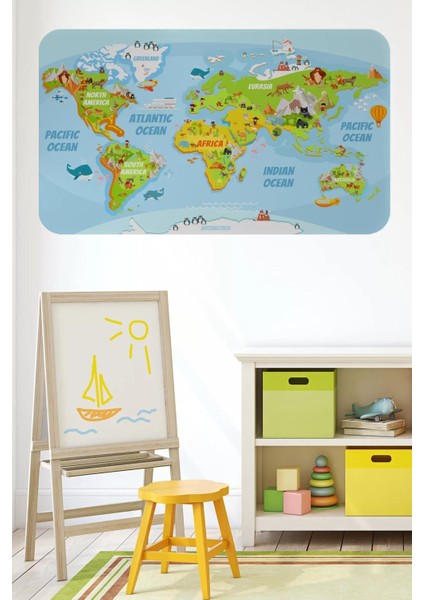 Eğitici Dünya Haritası Dünya Atlası Çocuk ve Bebek Odası Duvar STICKER-60X105-3778