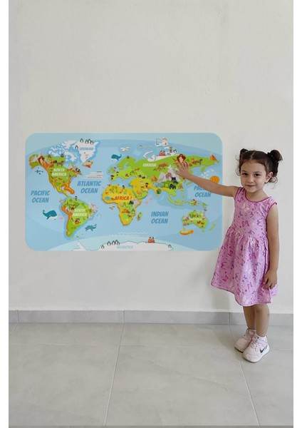 Eğitici Dünya Haritası Dünya Atlası Çocuk ve Bebek Odası Duvar STICKER-60X105-3778