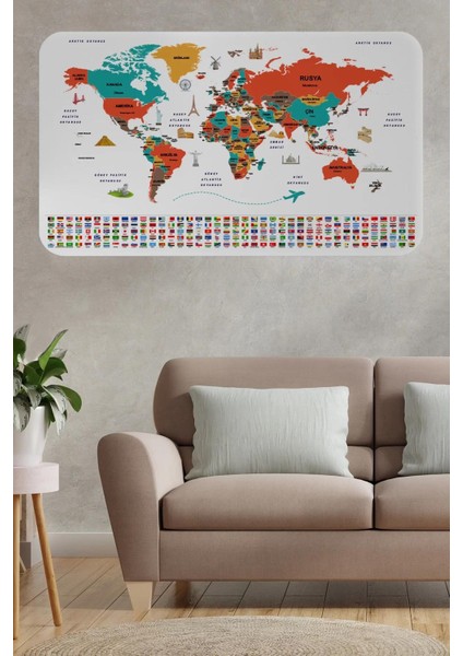 Türkçe Ülke Bayrak Lı Eğitici Başkent Detaylı Atlası Dünya Haritası Duvar STICKER -60X105-3858