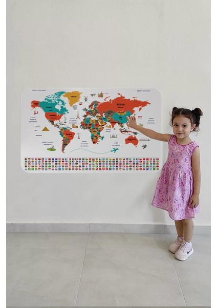 Türkçe Ülke Bayrak Lı Eğitici Başkent Detaylı Atlası Dünya Haritası Duvar STICKER -60X105-3858 fırsatları