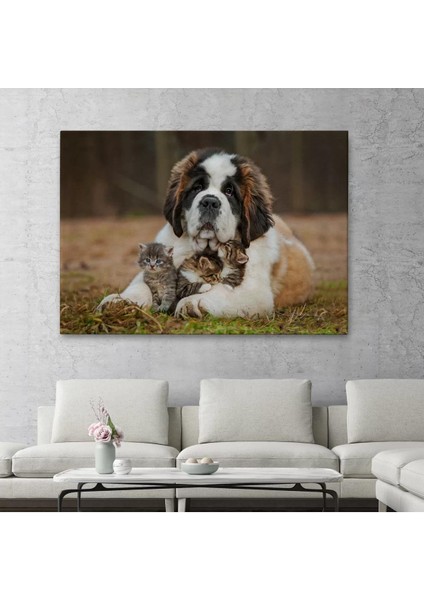 St. Bernard Köpek ve Yavru Kediler Dekoratif Kanvas Tablo 1124