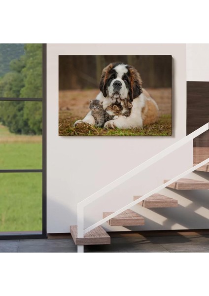 St. Bernard Köpek ve Yavru Kediler Dekoratif Kanvas Tablo 1124