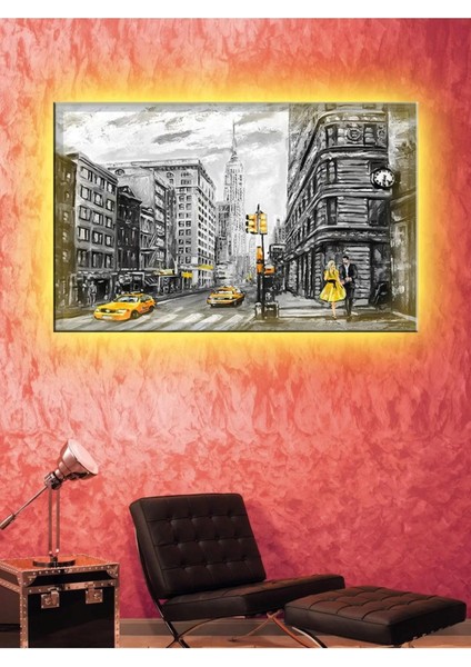 LED Işıklı Sanatsal Sarı Siyah Tablo