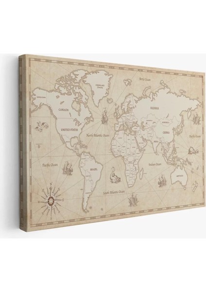 Eskitme Dünya Haritası Vintage Dekoratif Kanvas Tablo 1075