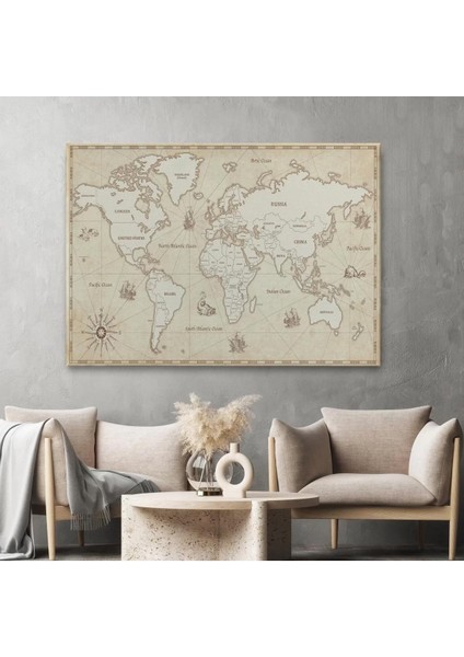 Eskitme Dünya Haritası Vintage Dekoratif Kanvas Tablo 1075 fiyatları