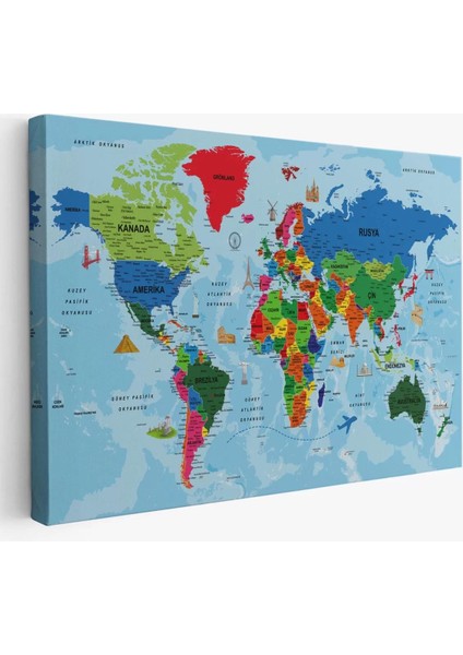 Türkçe Dünya Haritası Kanvas Tablo Son Derece Detaylı ve DEKORATIF-2036