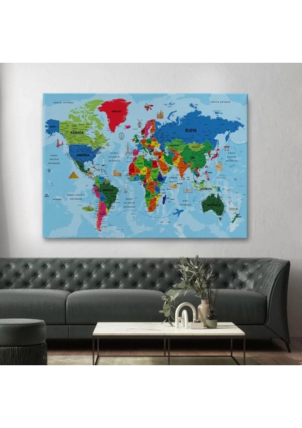Türkçe Dünya Haritası Kanvas Tablo Son Derece Detaylı ve DEKORATIF-2036 fiyatları