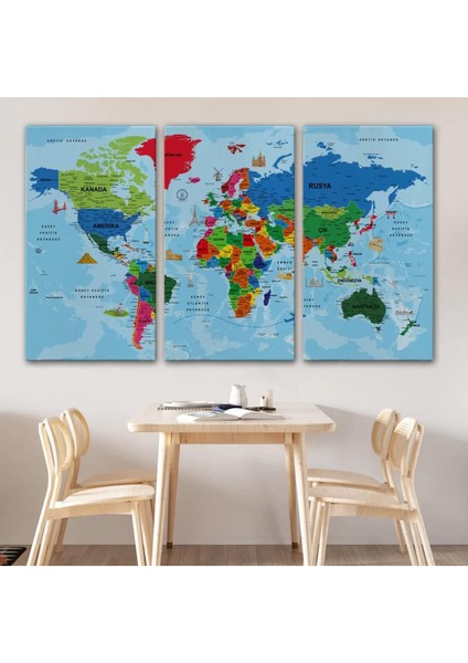 Türkçe Dünya Haritası Kanvas Tablo Son Derece Detaylı ve DEKORATIF-2036 modelleri