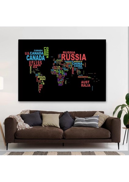 Siyah Zeminli Ülke Isimli Dünya Haritası Kanvas Tablo 1015 fiyatları