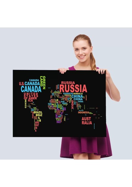 Siyah Zeminli Ülke Isimli Dünya Haritası Kanvas Tablo 1015 fırsatları