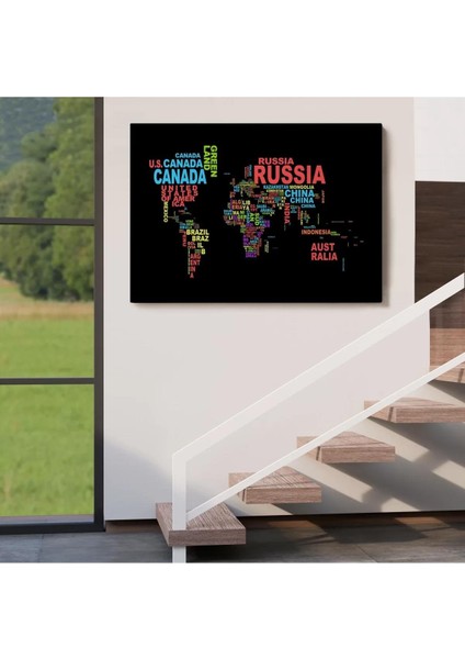 Siyah Zeminli Ülke Isimli Dünya Haritası Kanvas Tablo 1015 indirimleri