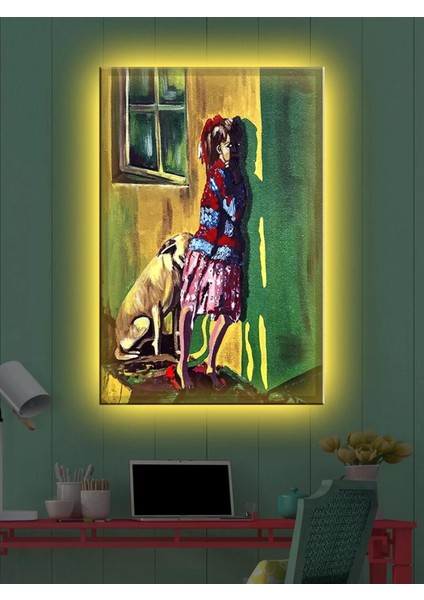 LED Işıklı Sanatsal Kız ve Köpek Tablo