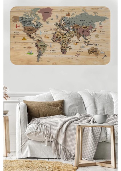 Ahşap Görünümlü Türkçe Eğitici Detaylı Atlası Dünya Haritası Duvar STICKER-60X105-3844