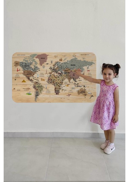 Ahşap Görünümlü Türkçe Eğitici Detaylı Atlası Dünya Haritası Duvar STICKER-60X105-3844 fırsatları