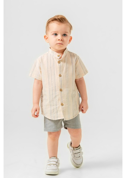 Tarz Gömlek Çizgi Desenli Belden Ayarlanabilir Kısa Kollu Şortlu 2'li Takım Çocuk ve Bebek Giyim Özel Gün Bayramlık Düğünlük