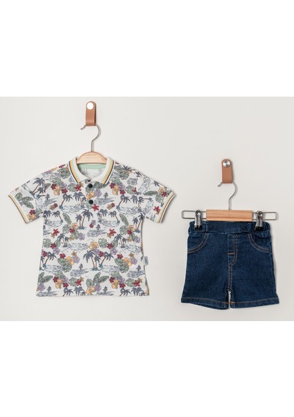 Tarz Lakos Palmiye Desenli Belden Ayarlanabilir Kısa Kollu Şortlu 2'li Takım Çocuk ve Bebek Giyim Özel Gün Bayramlık Düğünlük