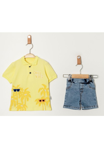 Tarz Lakos Palmiye Desenli Belden Ayarlanabilir Kısa Kollu Şortlu 2'li Takım Çocuk ve Bebek Giyim Özel Gün Bayramlık Düğünlük