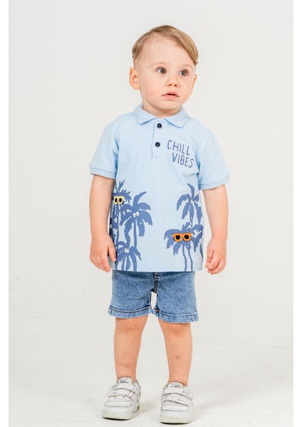 Tarz Lakos Palmiye Desenli Belden Ayarlanabilir Kısa Kollu Şortlu 2'li Takım Çocuk ve Bebek Giyim Özel Gün Bayramlık Düğünlük