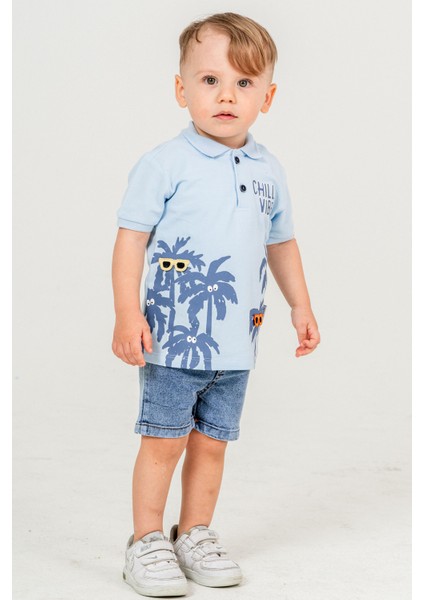 Tarz Lakos Palmiye Desenli Belden Ayarlanabilir Kısa Kollu Şortlu 2'li Takım Çocuk ve Bebek Giyim Özel Gün Bayramlık Düğünlük modelleri