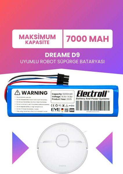 Dreame D9 Uyumlu Batarya (Maksimum Kapasite) 7000MAH Pil Robot Süpürge Mop Cleaner Bataryası Değişim
