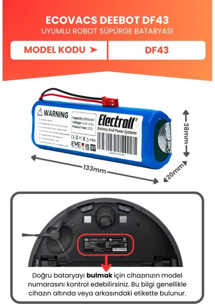 Ecovacs Deebot DF43 Uyumlu Batarya (Yüksek Kapasite) 2800MAH Pil Robot Süpürge Bataryası Değişimi fiyatları