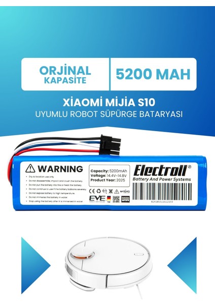 Xiaomi Mijia S10 Uyumlu Batarya (Orjinal Kapasite) 5200MAH Pil Robot Süpürge Bataryası BHR6388GB