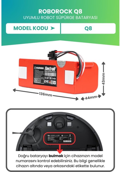 Roborock Q8 Uyumlu Batarya (Ultra Yüksek Kapasite) 6400MAH Kutulu Robot Süpürge Bataryası Değişimi