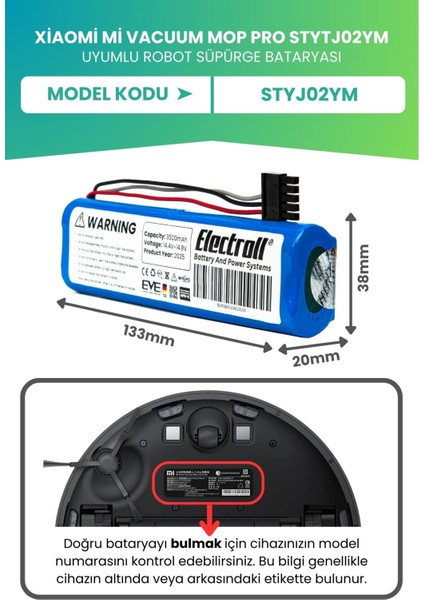 Xiaomi Mi Vacuum Mop Pro STYTJ02YM Uyumlu Batarya (Ultra Yüksek Kapasite) 3500MAH Robot Süpürge Pili