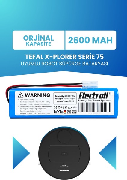 Tefal X-Plorer Serie 75 Uyumlu Batarya (Orjinal Kapasite) 2600MAH Pil Robot Süpürge Bataryası RG7675