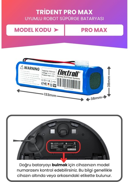 Trident Pro Max Uyumlu Batarya (Maksimum Kapasite) 70000MAH Pil Robot Süpürge Bataryası Değişimi fiyatları