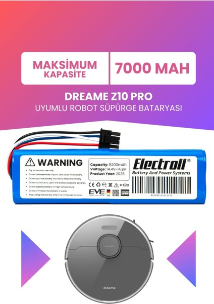 Dreame Z10 Pro Uyumlu Batarya (Maksimum Kapasite) 7000MAH Akıllı Robot Süpürge Bataryası Değişimi