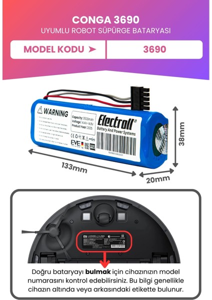 Conga 3690 Uyumlu Batarya (Maksimum Kapasite) 3500MAH Pil Robot Süpürge Bataryası Değişimi fiyatları