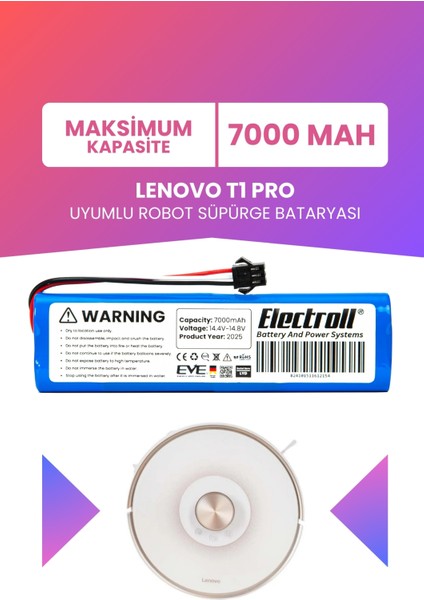 Lenovo T1 Pro Uyumlu Batarya (Maksimum Kapasite) 7000MAH Pil Robot Süpürge Bataryası Değişimi